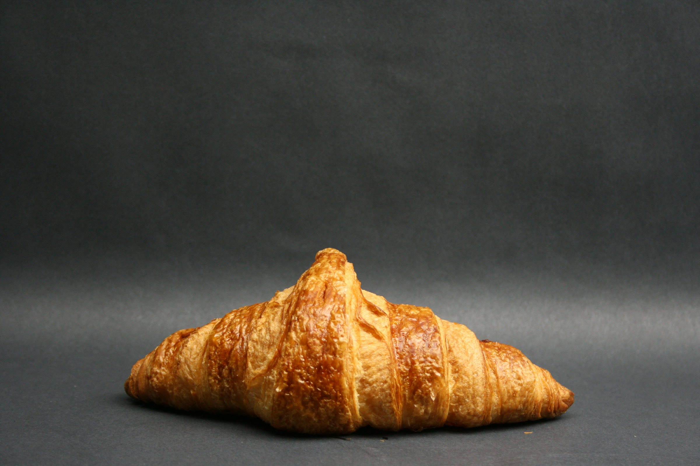A single glossy croissant on a dark grey backdrop