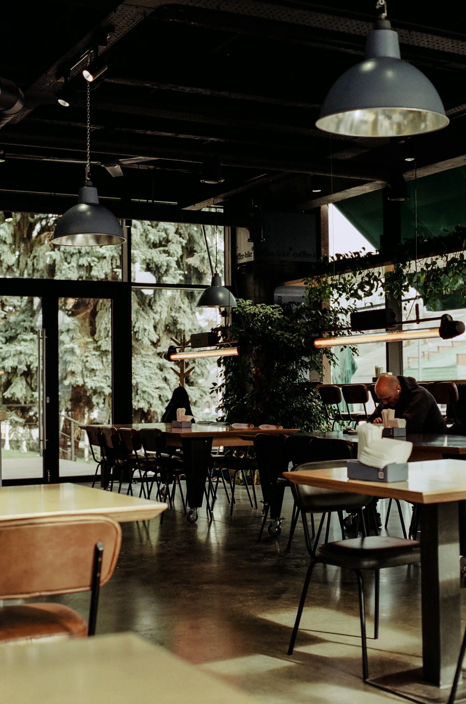 A large dark-ceilinged hall with pendant lamps, long tables and tall windows onto trees