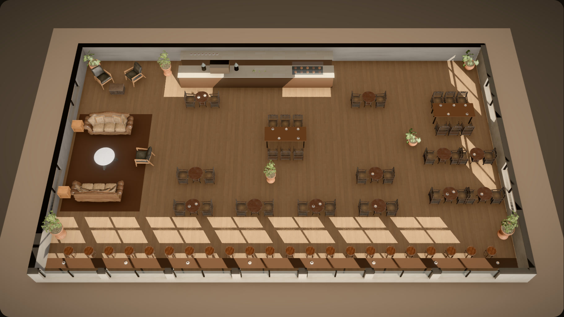 A render of the Sun Cafe hall from above in morning light.